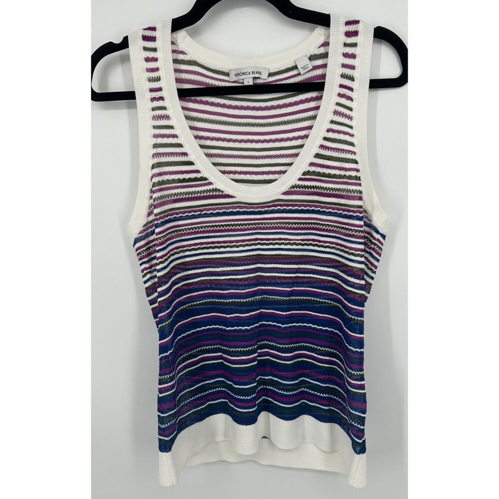 Veronica Beard White Multi-Color Striped Knit Tank Top